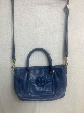 Tory Burch Navy Blue Pebbled Leather Satchel with Logo Emblem